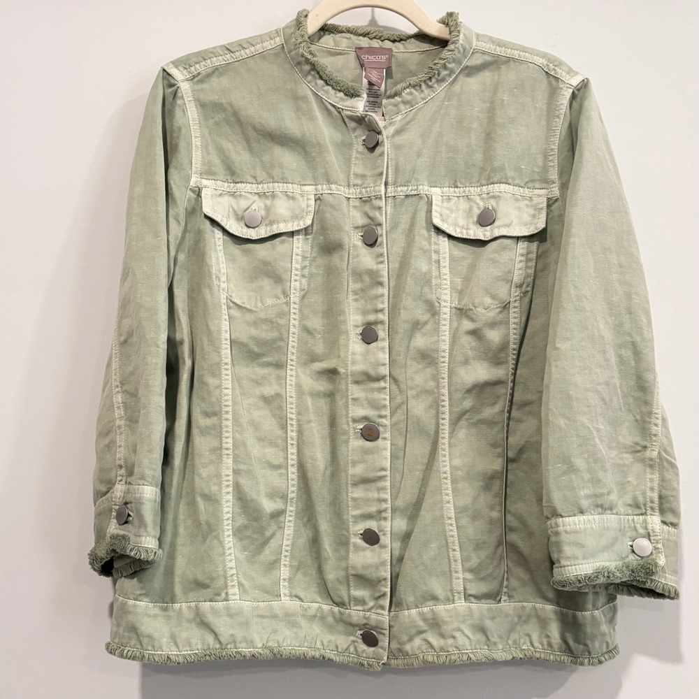 Chicos Coastal Button Up Jacket Large Linen Blend Frayed Trim Festival 20594